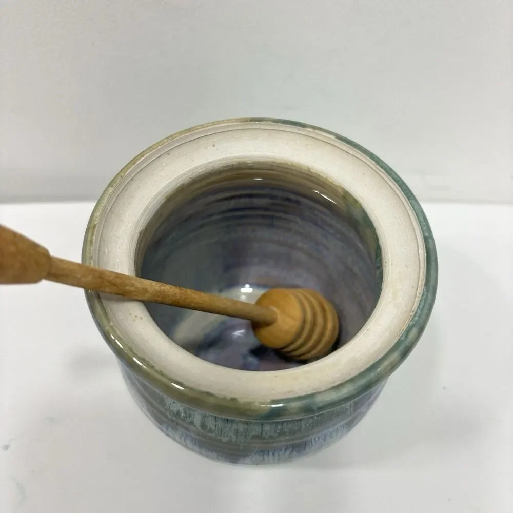 Stoneware glazed Honey Pot with Hand Turned Wooden Honey Stick Server Gorgeous